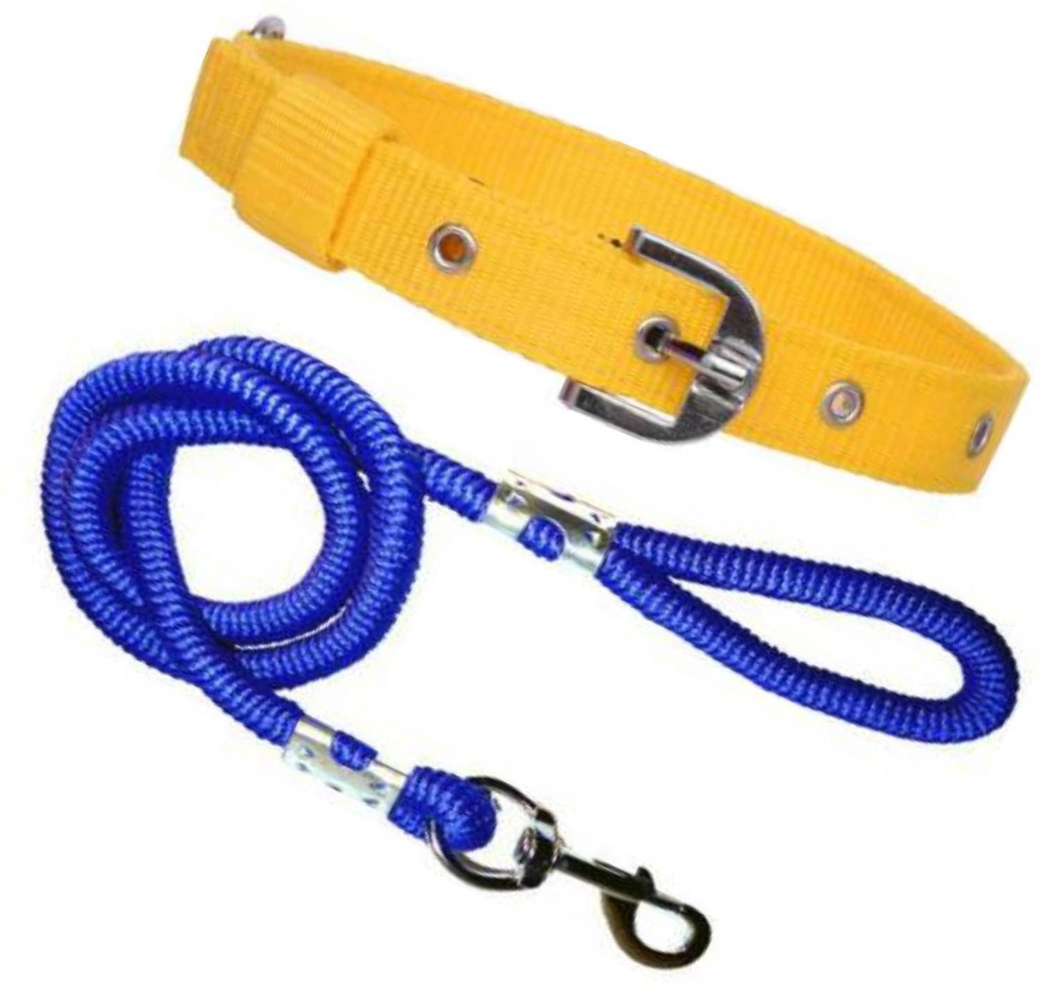 ADIOS Nylon Dog Belt Combo of Yellow Dog Collar with Blue Lead 1.5m Lengthy Dog Collar & Leash