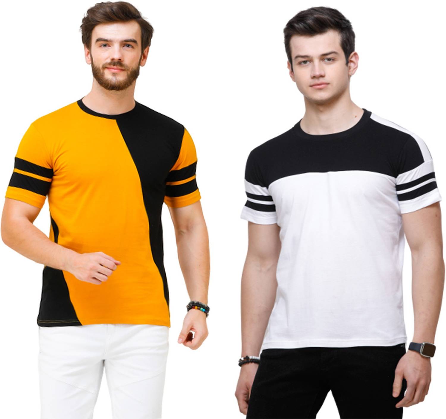 Wrath Pack of 2 Men Colorblock Round Neck Pure Cotton White, Blac