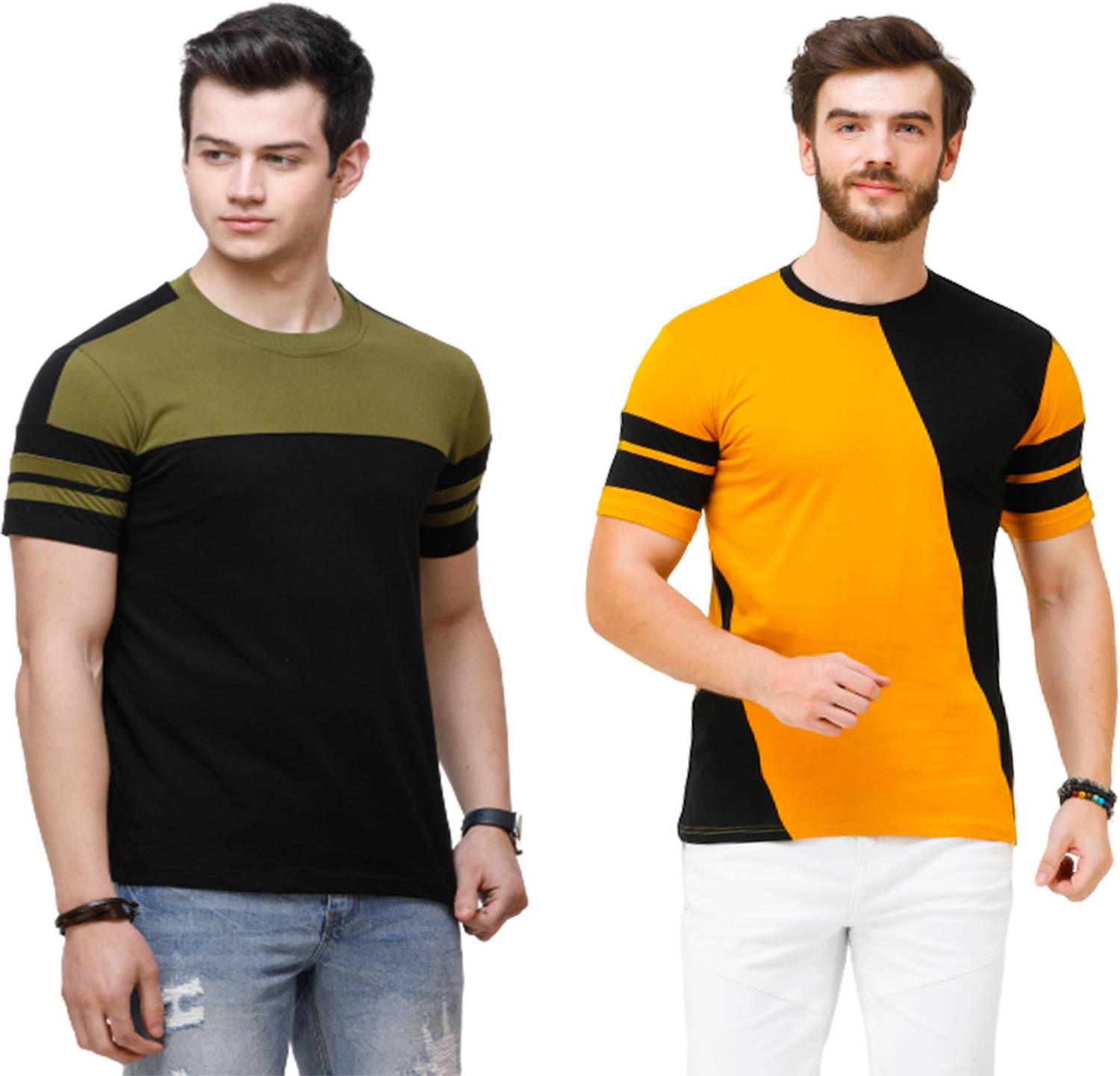 Wrath Pack of 2 Men Colorblock Round Neck Pure Cotton Green, Blac