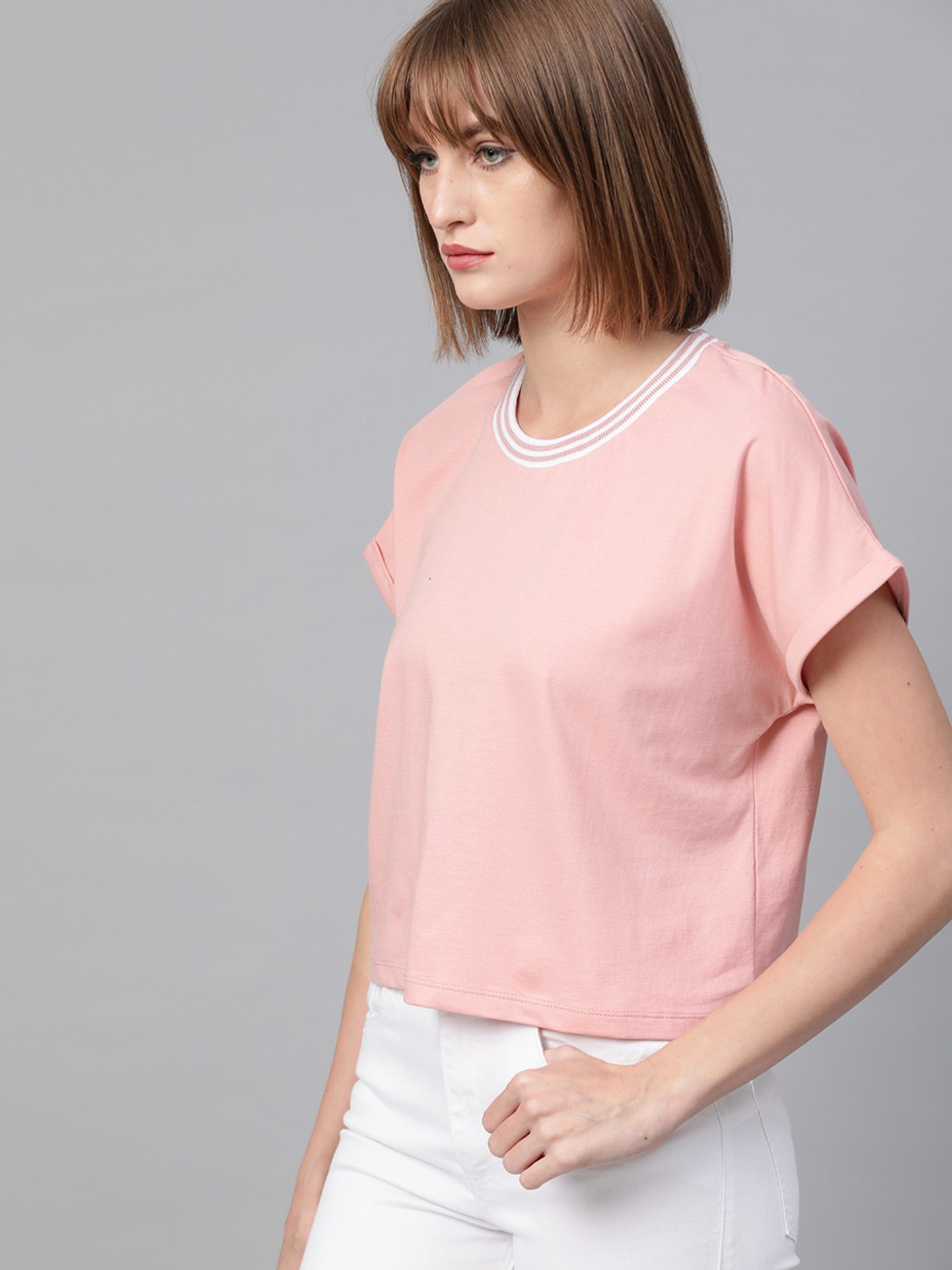 Image of Roadster Solid Women Round Neck Pink T-Shirt