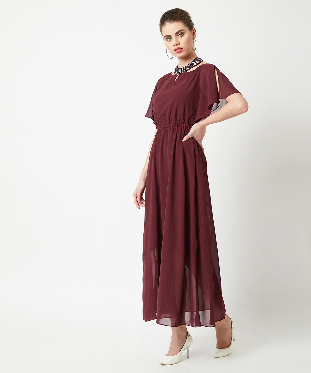 Image of Miss Chase Women Gathered Maroon Maxi /Full Length Dress
