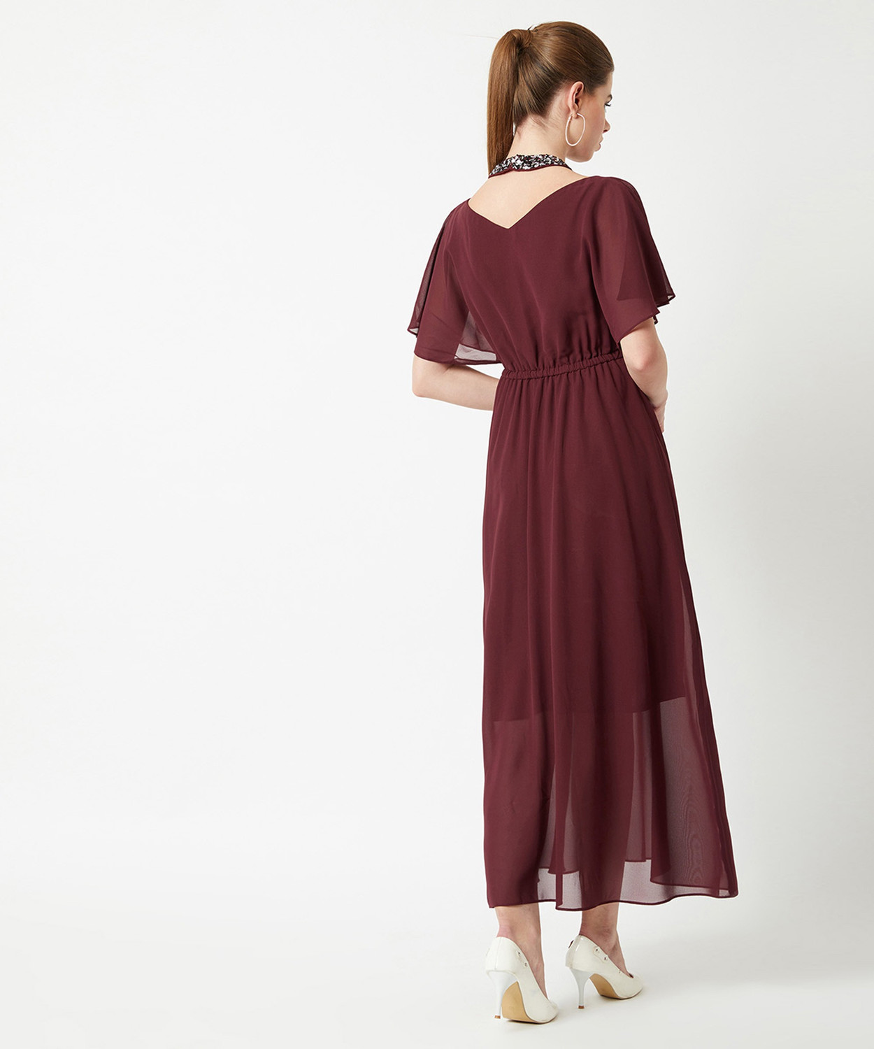 Image of Miss Chase Women Gathered Maroon Maxi /Full Length Dress