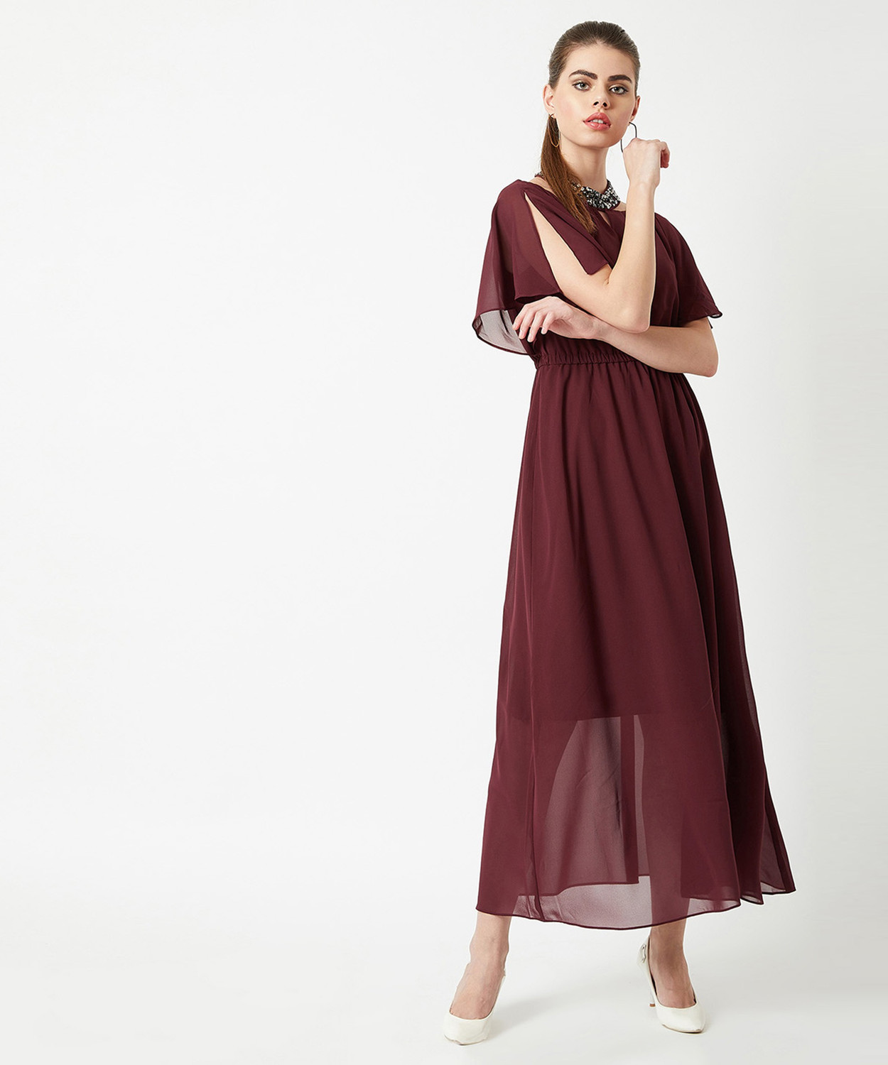 Image of Miss Chase Women Gathered Maroon Maxi /Full Length Dress