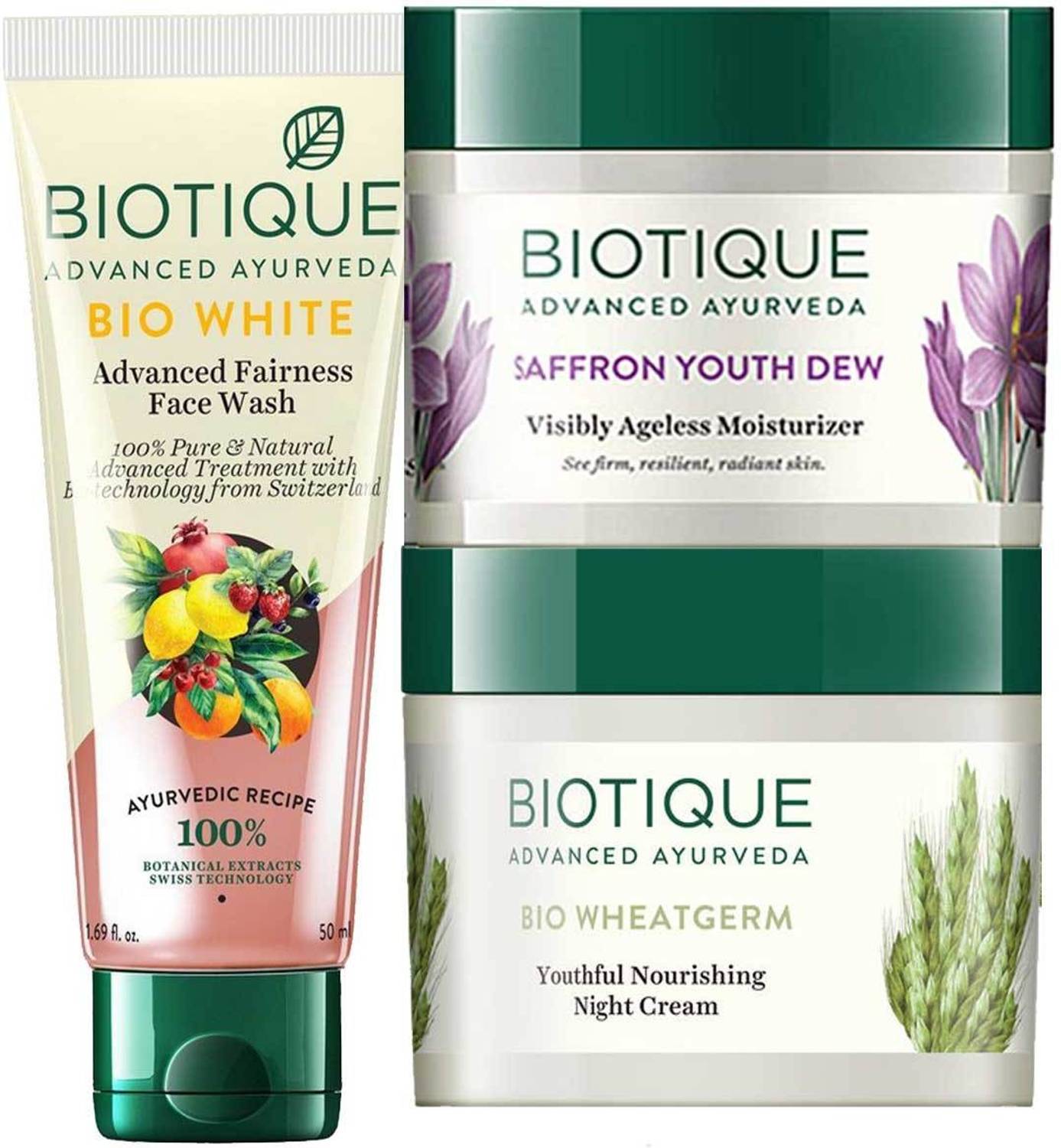 BIOTIQUE Skin Brightening Kit - Bio White Face Wash 200ml, Bio Wheat Germ Nourishing Night Cream 50GM, Bio Saffron Dew Youthful Day cream 50GM