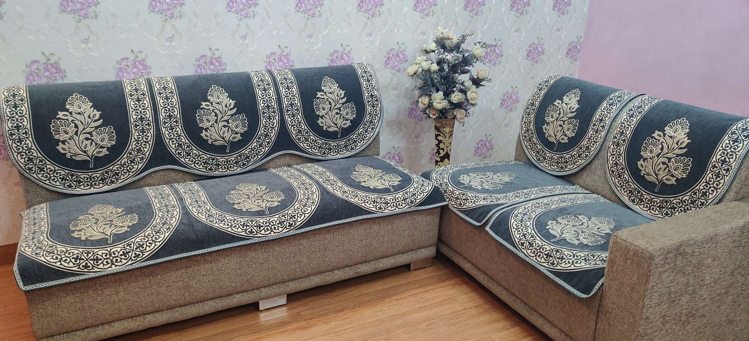 Image of MHF Velvet, Chenille 3+1+1 Seater Sofa Floral Cover