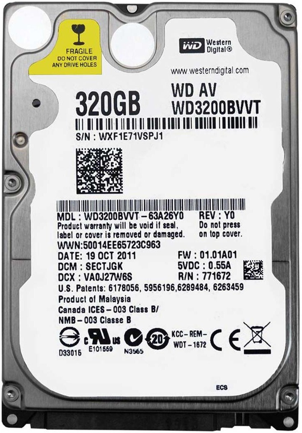 Image of WD AV 320 GB Laptop White, Silver SATA Internal Hard Disk Drive (HDD) (WD3200BUDT)