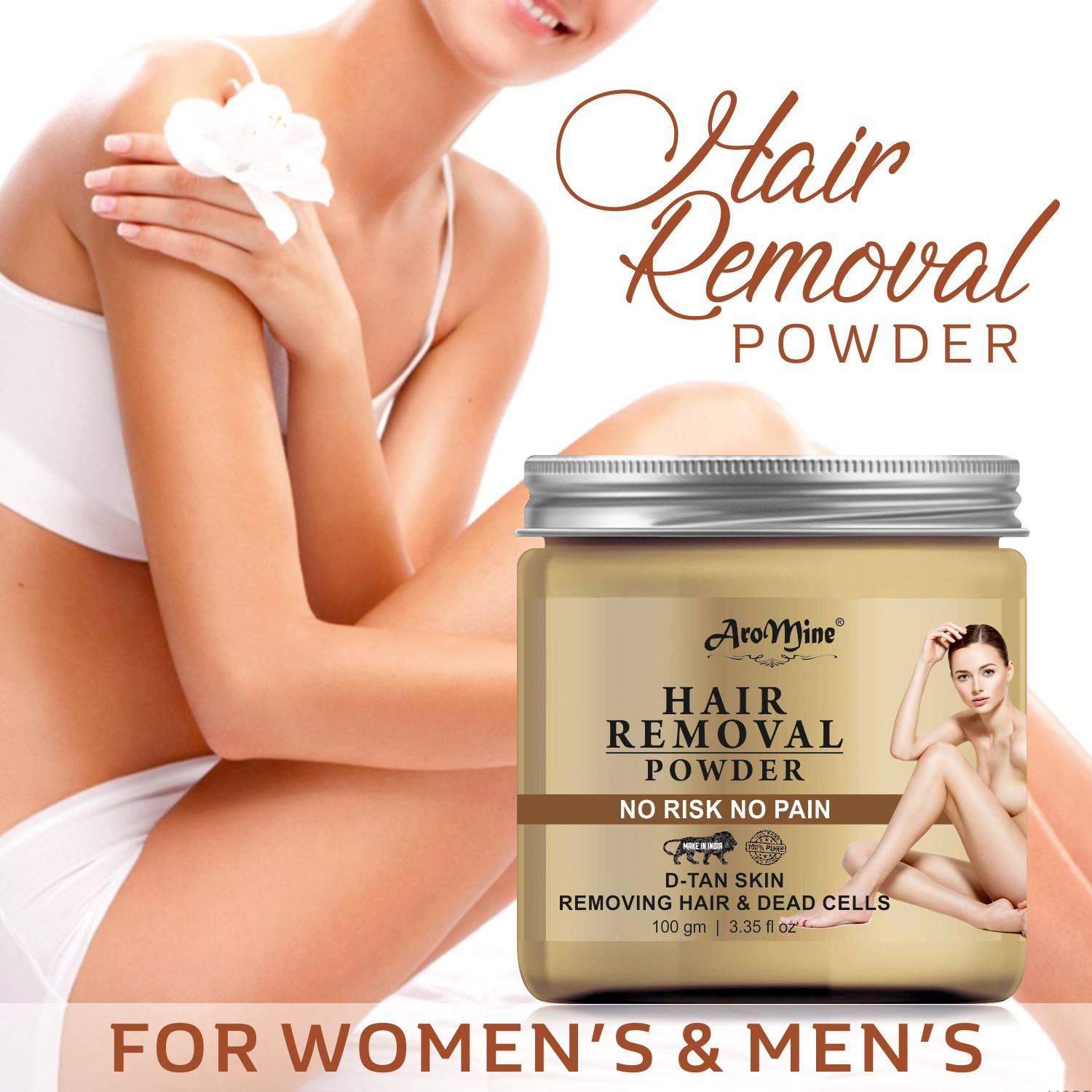 AroMine Hair Removal Powder Three in one Use For Powder D-Tan Skin, Removing Hair & Remove Dead cell For easy Remove Hair Parts No Rics No Pain - Wax