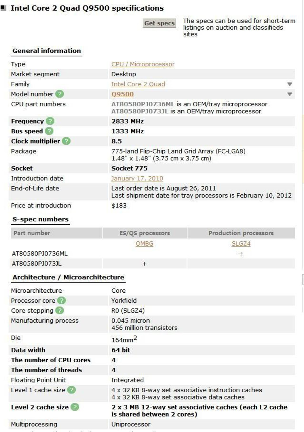 Image of Intel Quad core Q9500 2.83 GHz Upto 2.83 GHz LGA 775 Socket 4 Cores 4 Threads 6 MB Smart Cache Desktop Processor