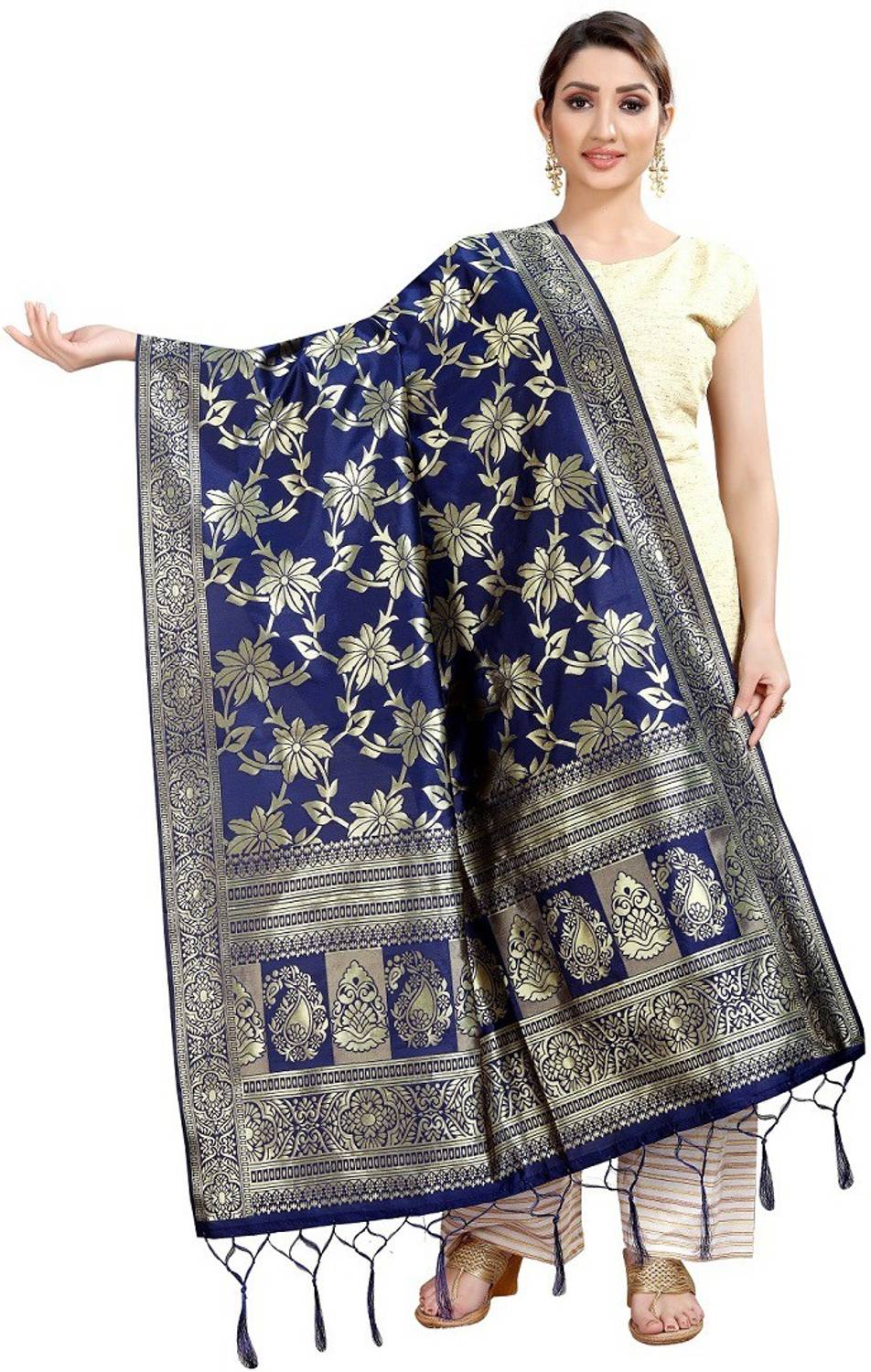 jennydesigner Jacquard Woven, Embellished Dark Blue Women Dupatta