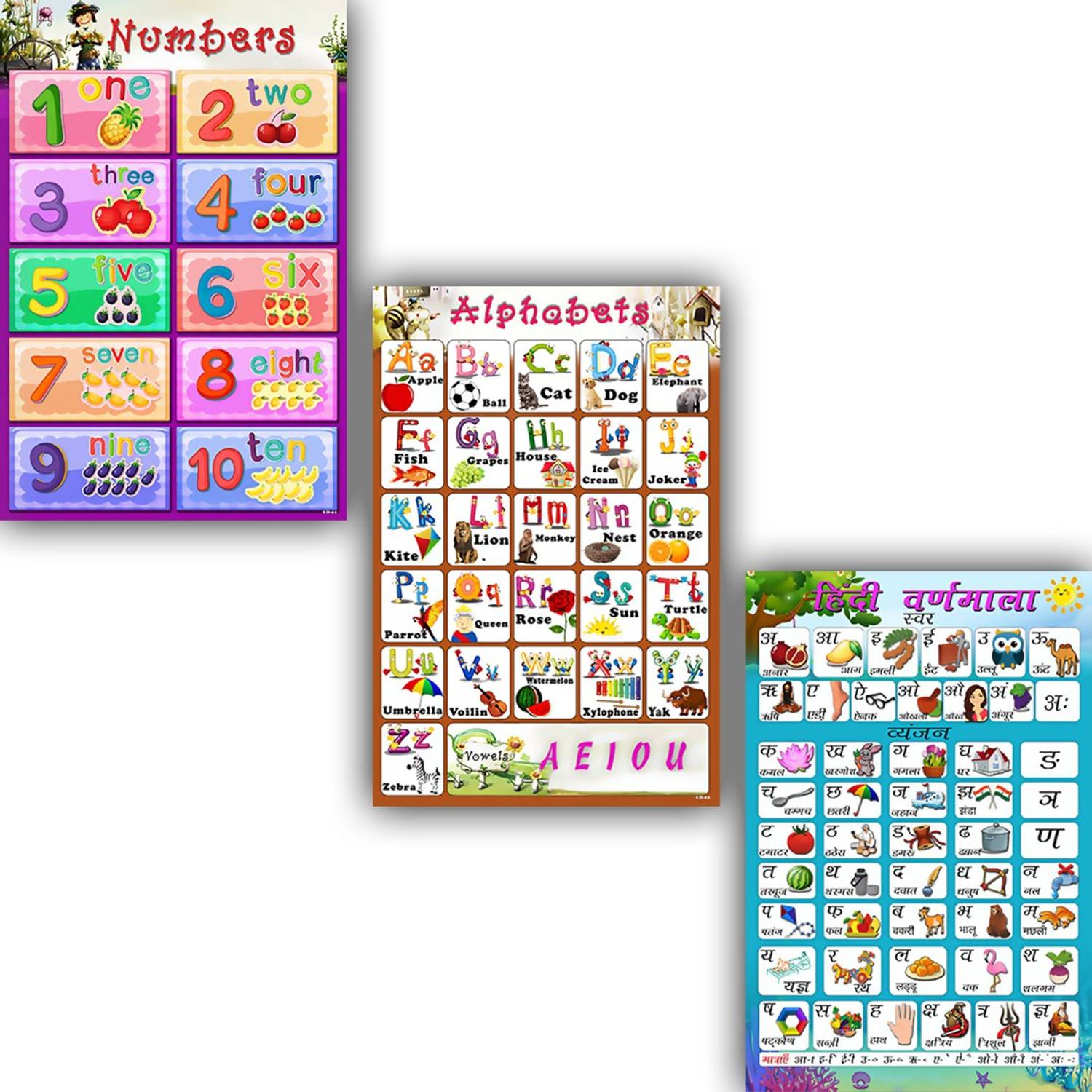 ABCD,1-10 numbers and hindi varnamala Alphabet Charts Wall Poster for Room Décor-01-02-03-04- Paper Print