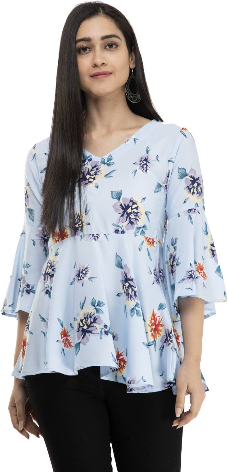 Annectant Casual Bell Sleeve Floral Print Women Multicolor Top