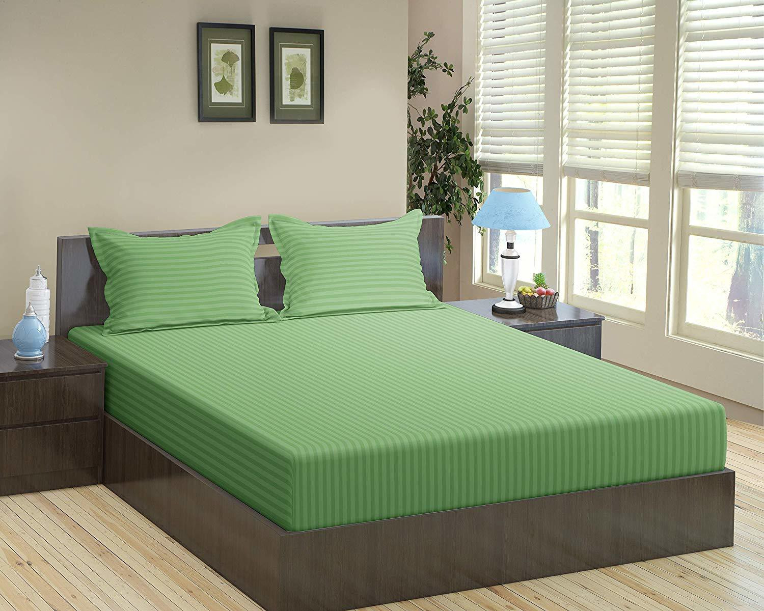 Image of Trance Home Linen Cotton King Fitted (Elastic) 200 TC Striped 1 Bedsheet with 2 Pillow Covers