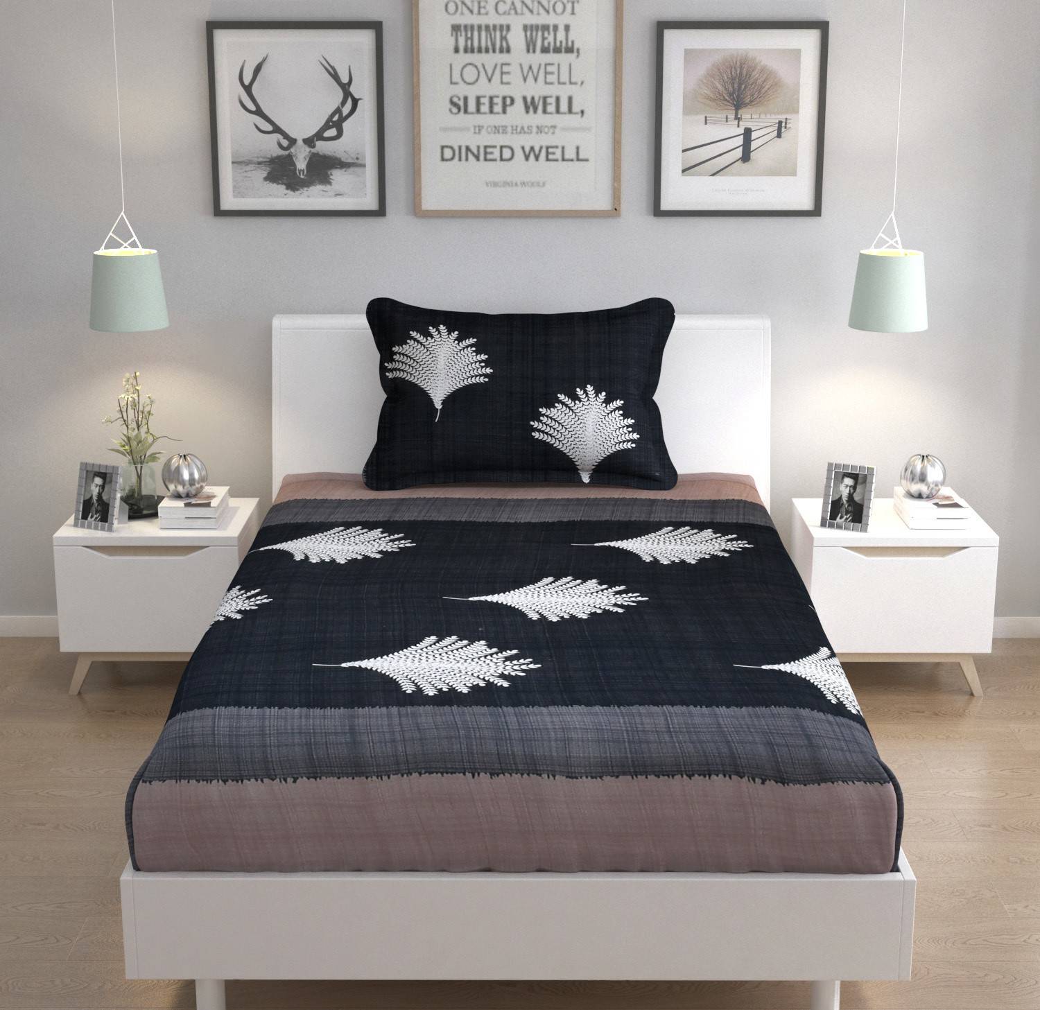 AMORET Polycotton Single Flat 240 TC Printed 1 Bedsheet with 2 Pillow Covers