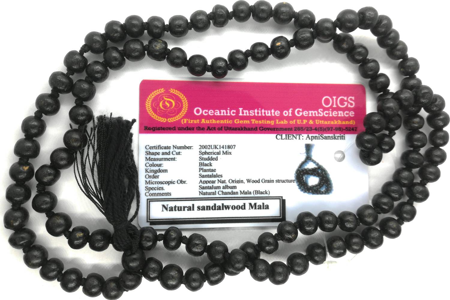 Apnisanskriti Lab Certified Kali Chandan Mala (Black Sandalwood Rosary) for Japa and for men and women wearing (7-8mm, large bead size, 108+1 Beads) - 100% Natural Kala/Black Chandan Beads Wood Chain