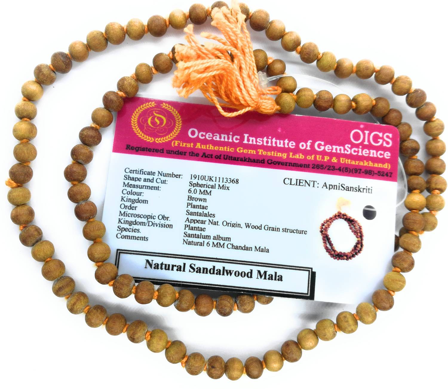 Apnisanskriti Lab Certified Chandan Mala (Sandalwood Rosary) for men and women wearing (6mm, medium bead size, 108+1 Beads) - 100% Natural Light Brown Chandan Beads Wood Chain