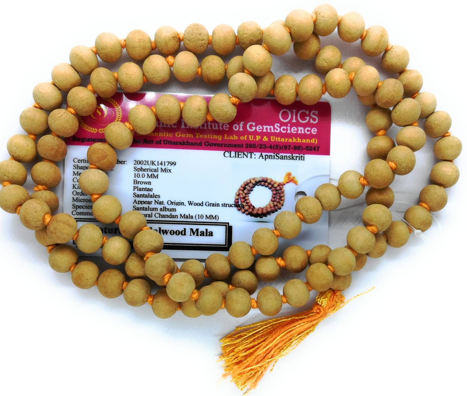 Apnisanskriti Lab Certified Chandan Mala (Sandalwood Rosary) for Japa and for Men and Women Wearing (10mm, Extra Large Bead Size, 108+1 Beads) - 100% Natural Light Brown Chandan Beads Wood Chain