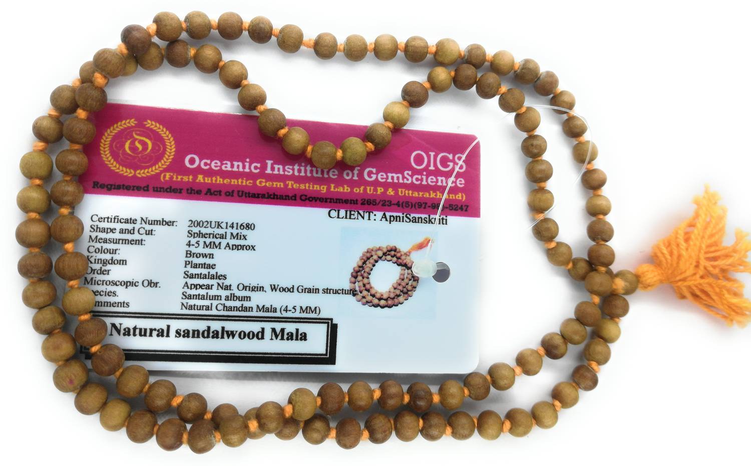 Apnisanskriti Lab Certified Chandan Mala (Sandalwood Rosary) for Men and Women Wearing (4mm, Small Bead Size, 108+1 Beads) - 100% Natural Light Brown Chandan Beads Wood Chain