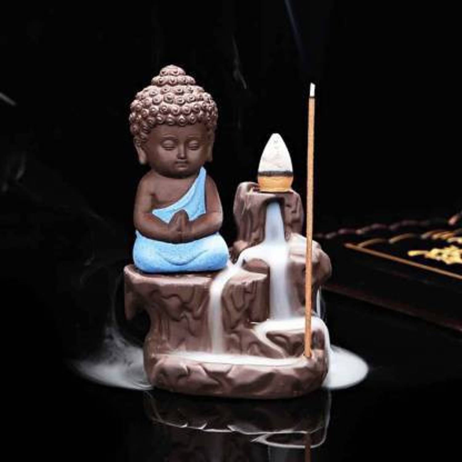 Autoladders Handcrafted Meditating Little baby Monk Buddha Blue Smoke Backflow Cone Incense Holder With 10 Sticks Decorative Showpiece - 12 cm Decorative Showpiece - 12 cm