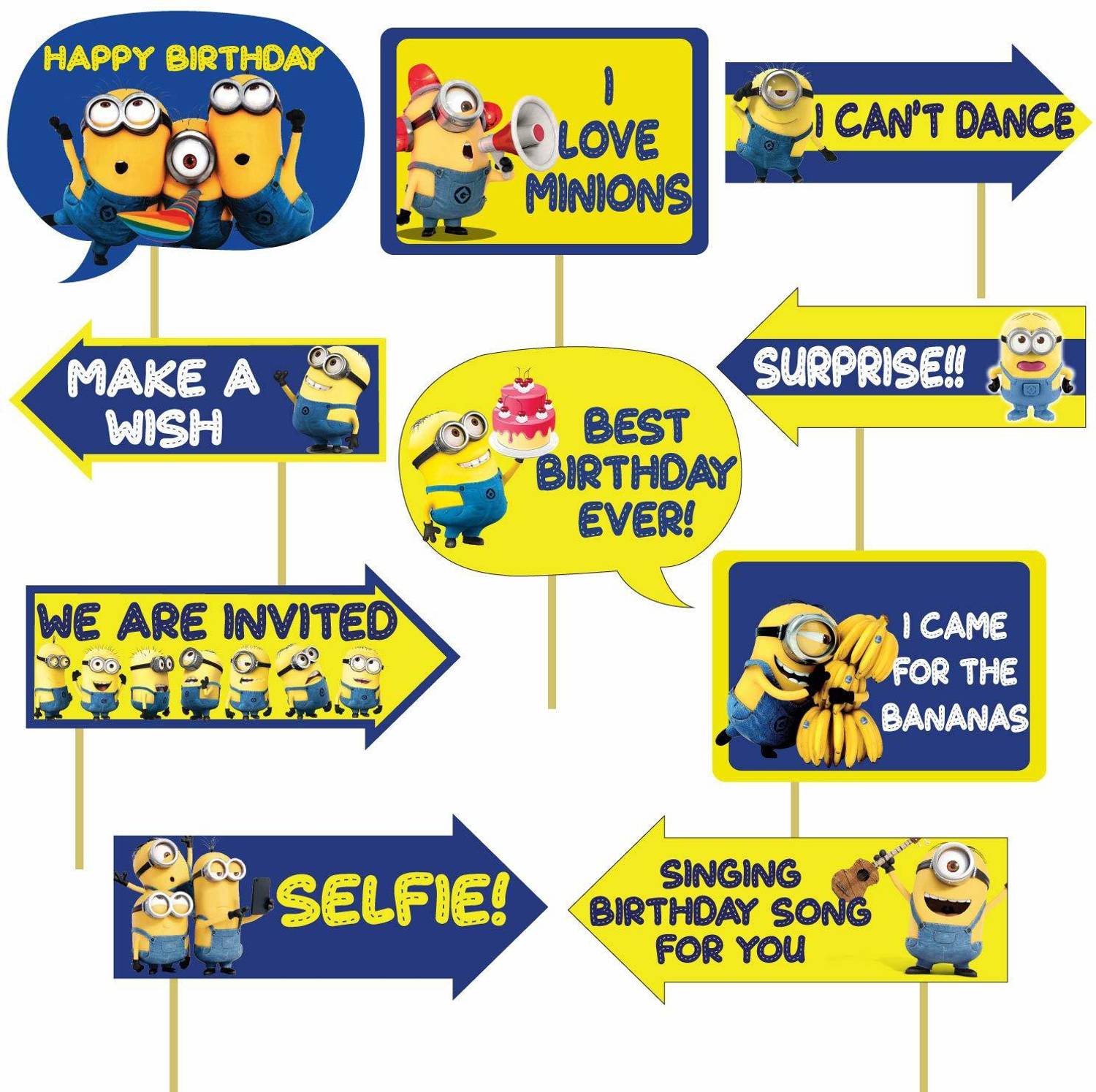 Balloons 10 Pieces Minions Birthday Theme Photo Booth Props for Kids/Theme Birthday Party Photobooth Props and photobooth of Different Birthday Themes (Minions-Birthday-Props) Photo Booth Board