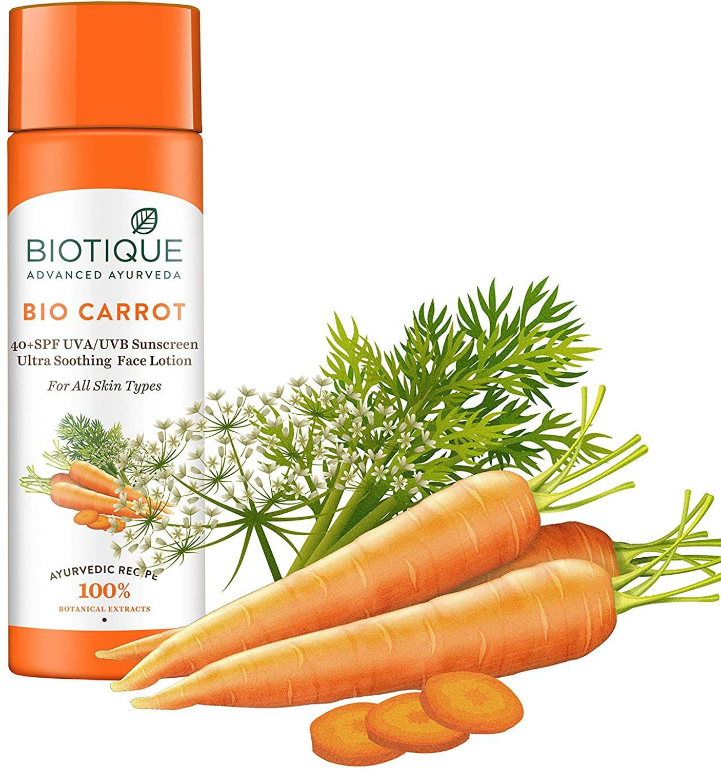 Image of BIOTIQUE Sunscreen - SPF 50 PA+ Bio Carrot 40+ SPF UVA /UVB Sunscreen Ultra Soothing Face Lotion