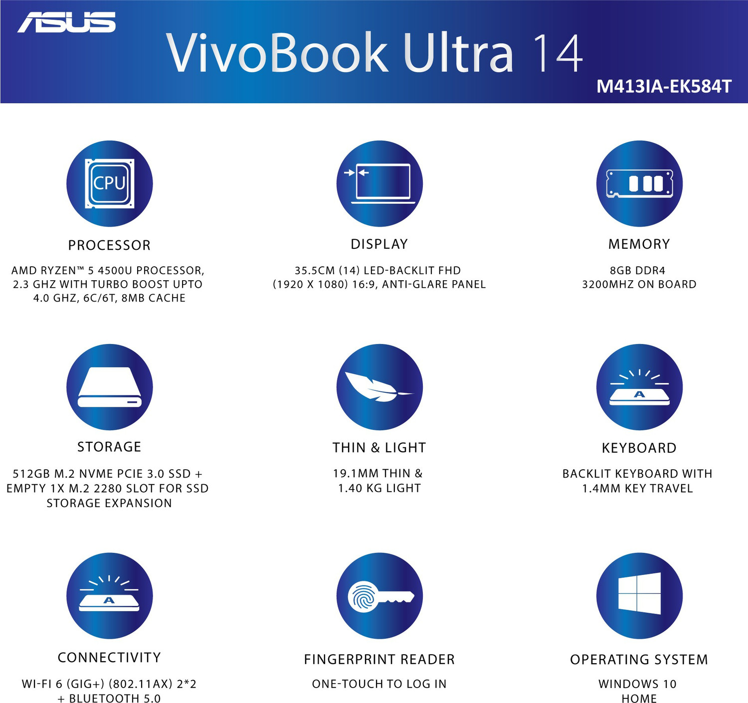 Image of ASUS VivoBook Ultra 14 AMD Ryzen 5 Hexa Core 4500U - (8 GB /512 GB SSD /Windows 10 Home) M413IA-EK584T Thin and Light Laptop