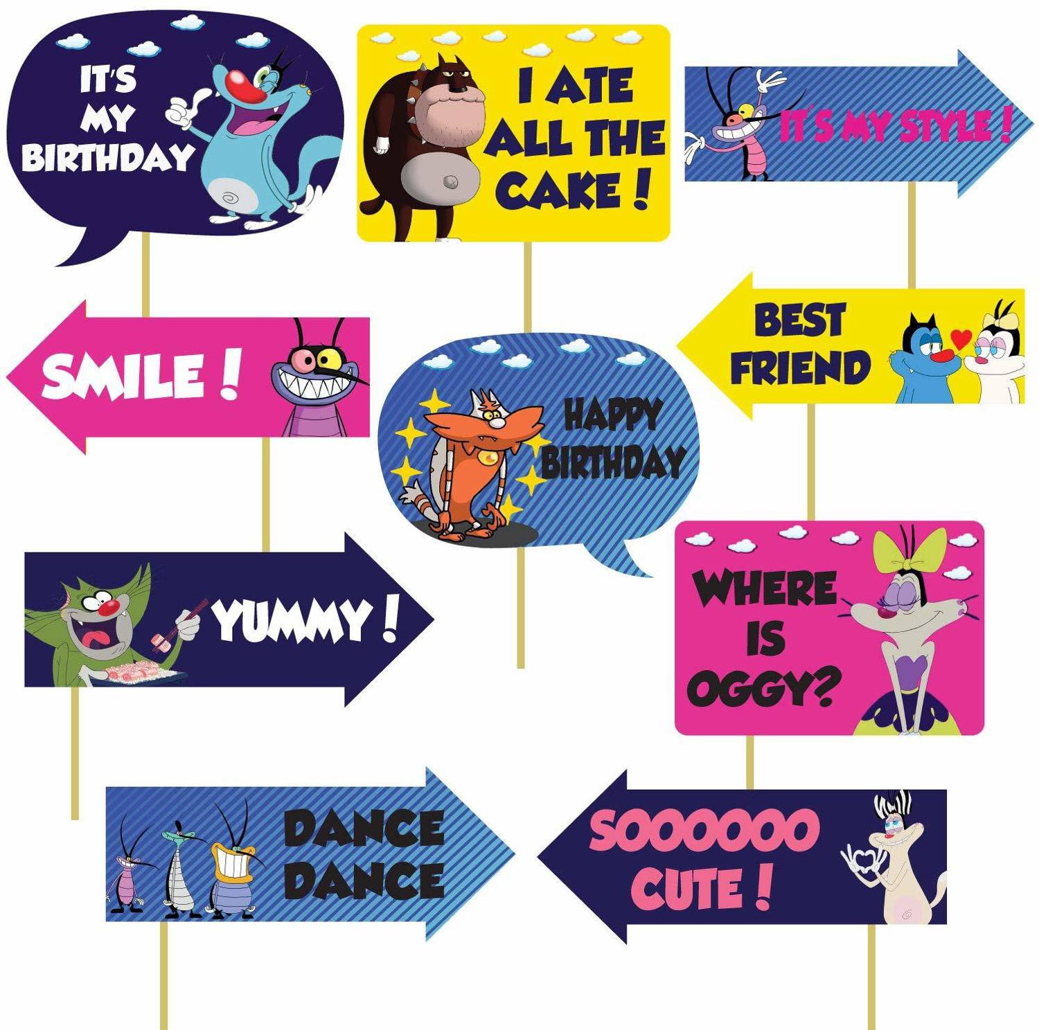 Balloons 10 Pieces Oggy Birthday Theme Photo Booth Props for Kids/Theme Birthday Party Photobooth Props and photobooth of Different Birthday Themes (Oggy-Birthday-Props) Photo Booth Board