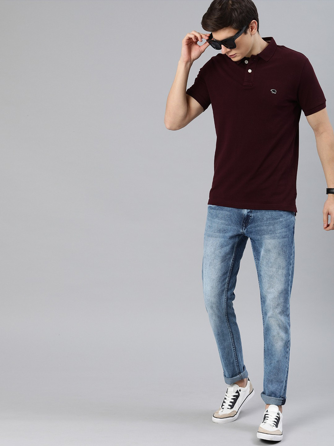 Image of THE BEAR HOUSE Solid Men Polo Neck Maroon T-Shirt