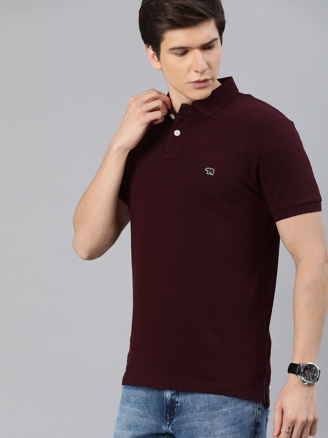 Image of THE BEAR HOUSE Solid Men Polo Neck Maroon T-Shirt
