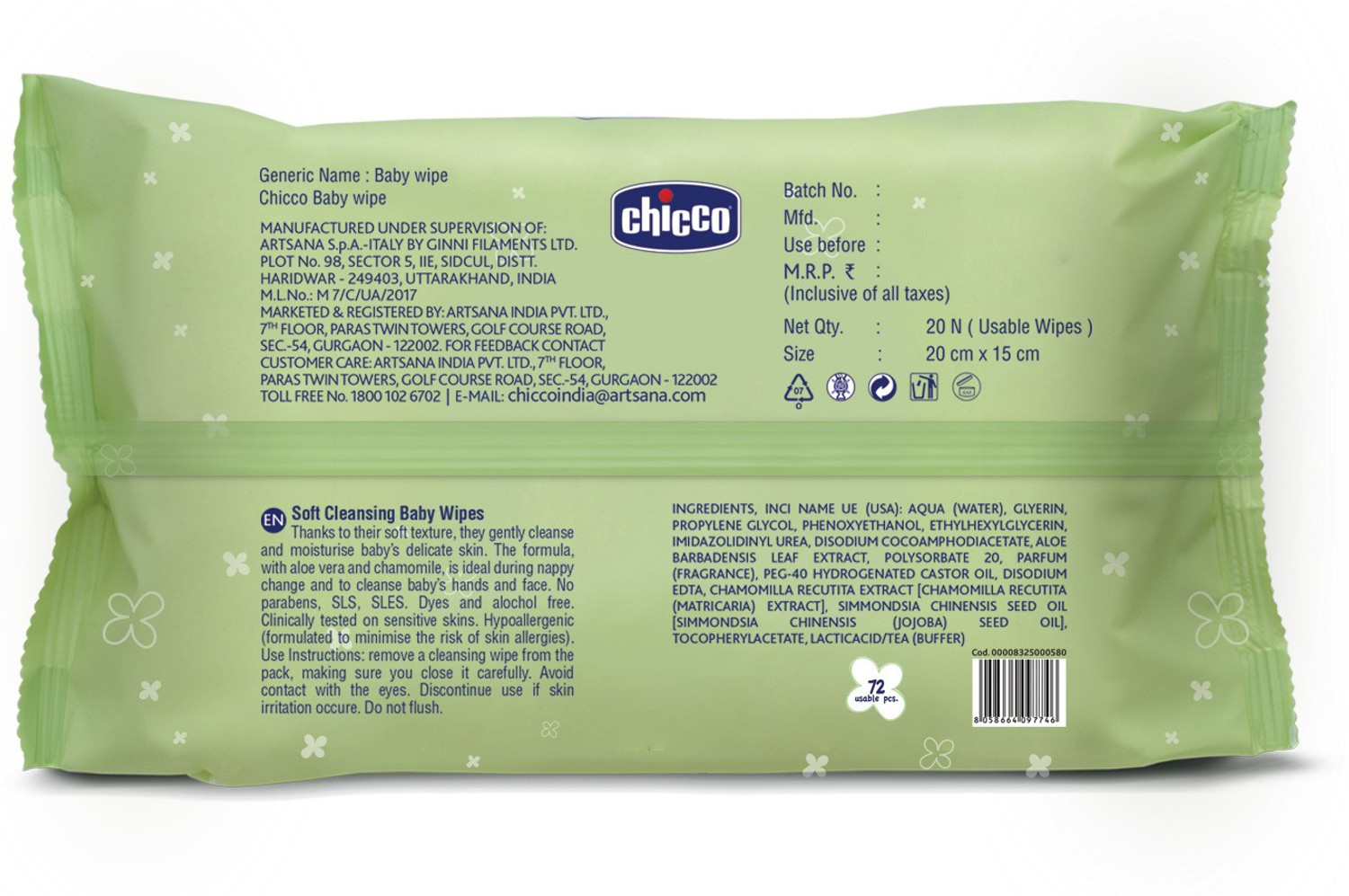 Image of Chicco Baby Wipes Sticker 72 Pcs In