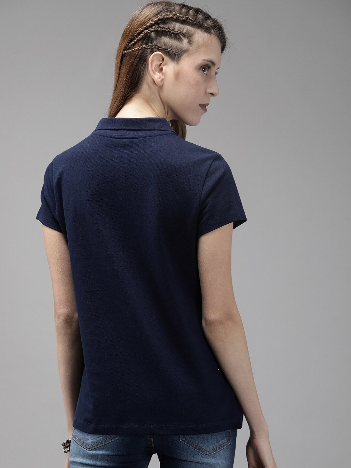 Image of Roadster Solid Women Polo Neck Dark Blue T-Shirt