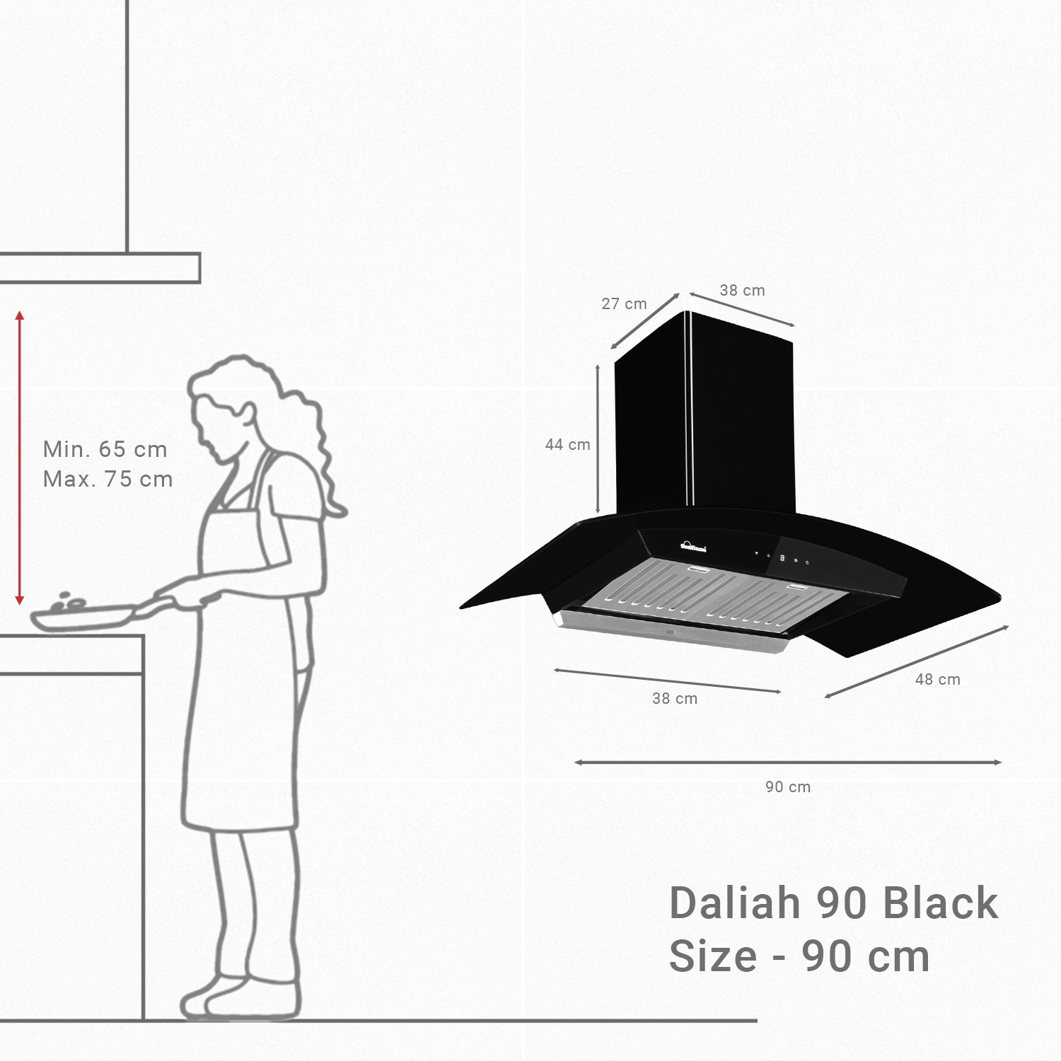 Image of Sunflame CH DAHLIA 90 BK AC DX Auto Clean Wall Mounted Black 1230 CMH Chimney