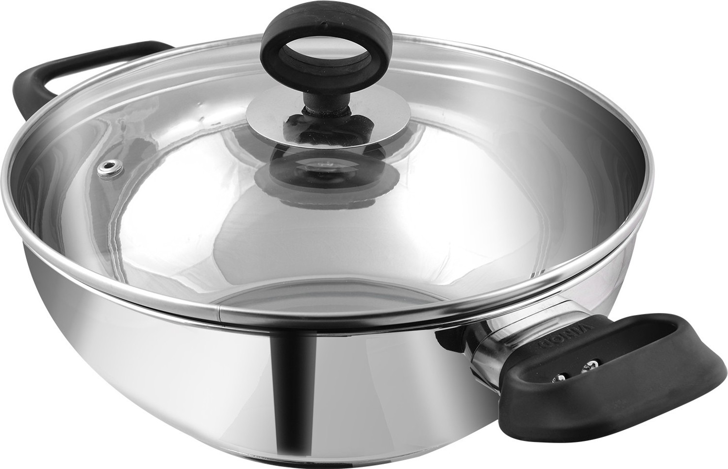 Image of VINOD Stainless Steel Deluxe Kadai with Glass Lid Kadhai 30 cm diameter with Lid 5.5 L capacity