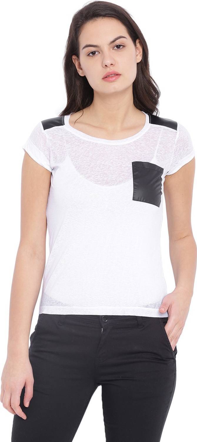 PINACOLADA Casual Short Sleeve Solid, Color Block Women White Top