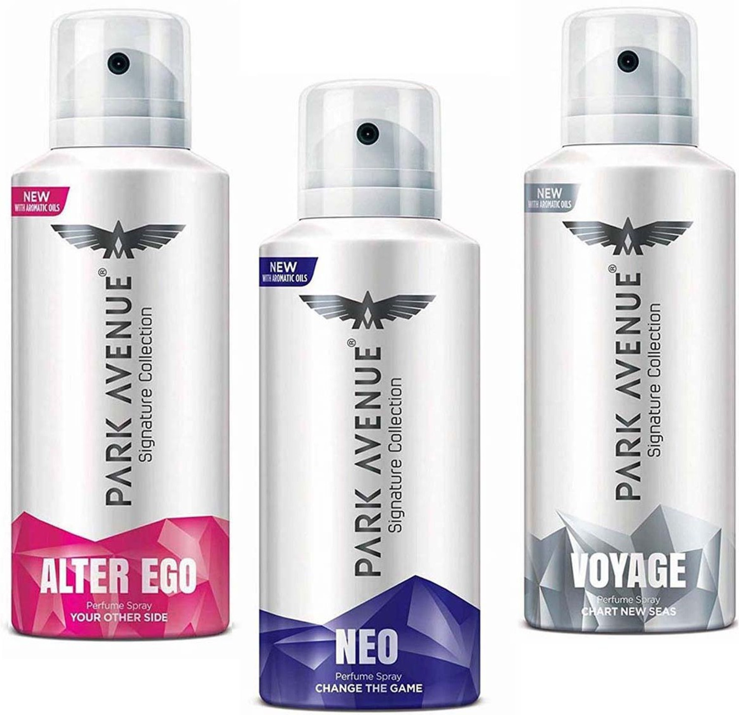 Image of PARK AVENUE Voyage, Alter Ego, Neo, Signature Perfume Spray 140 ml x 3 Combo Of 3 Perfume Body Spray - For Men & Women (420 ml, Pack of 3)