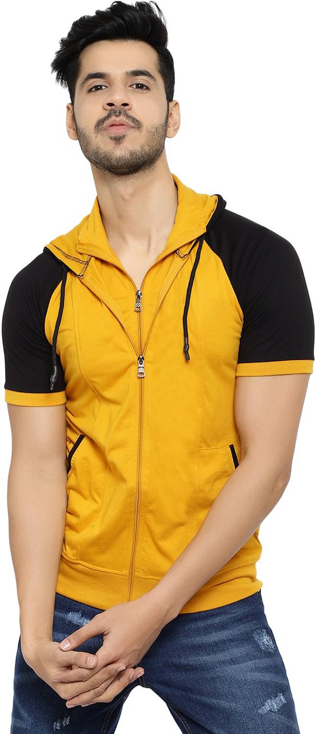 Black Collection Men Colorblock Hooded Neck Cotton Blend Gold, Bl