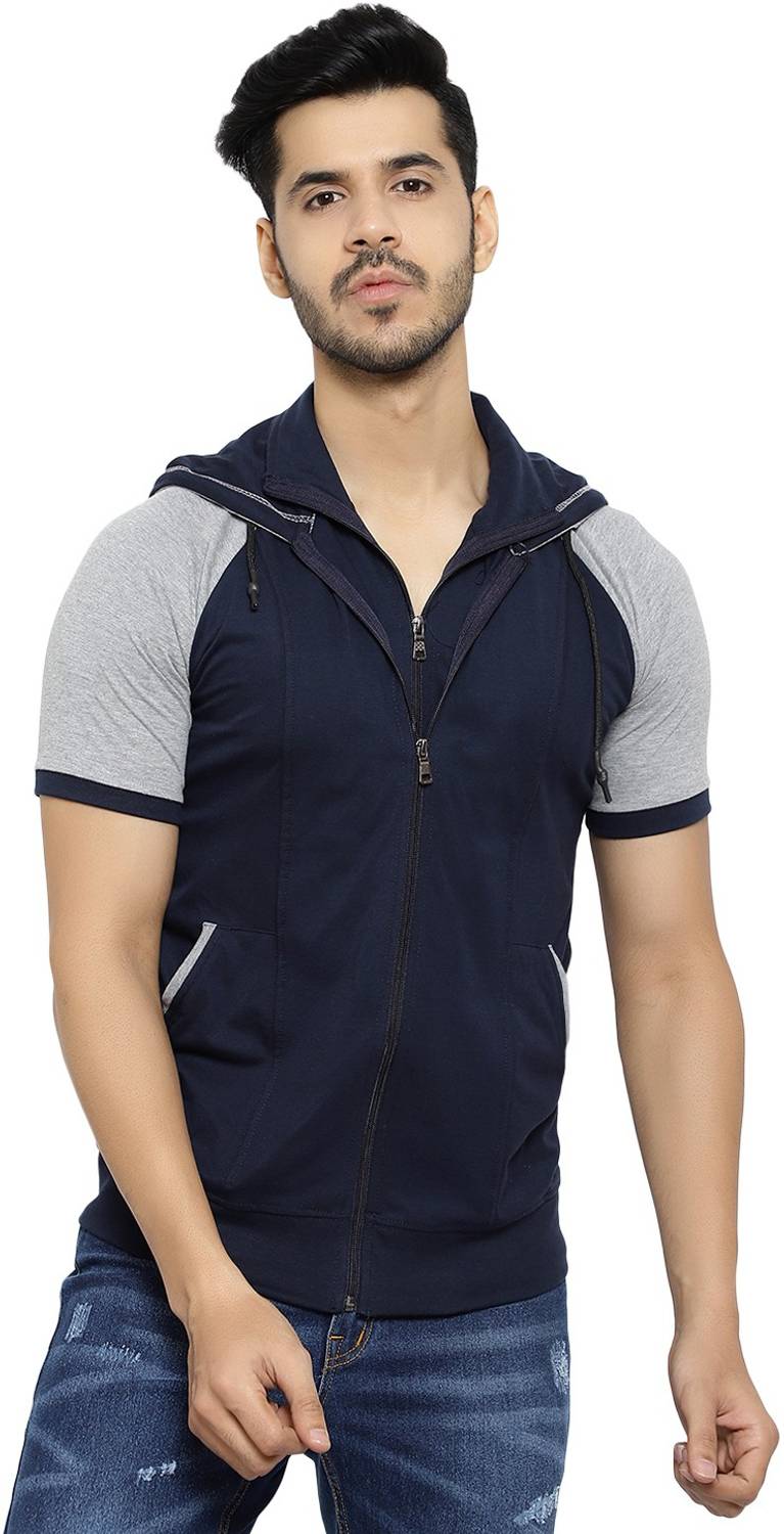 Black Collection Men Colorblock Hooded Neck Cotton Blend Dark Blu