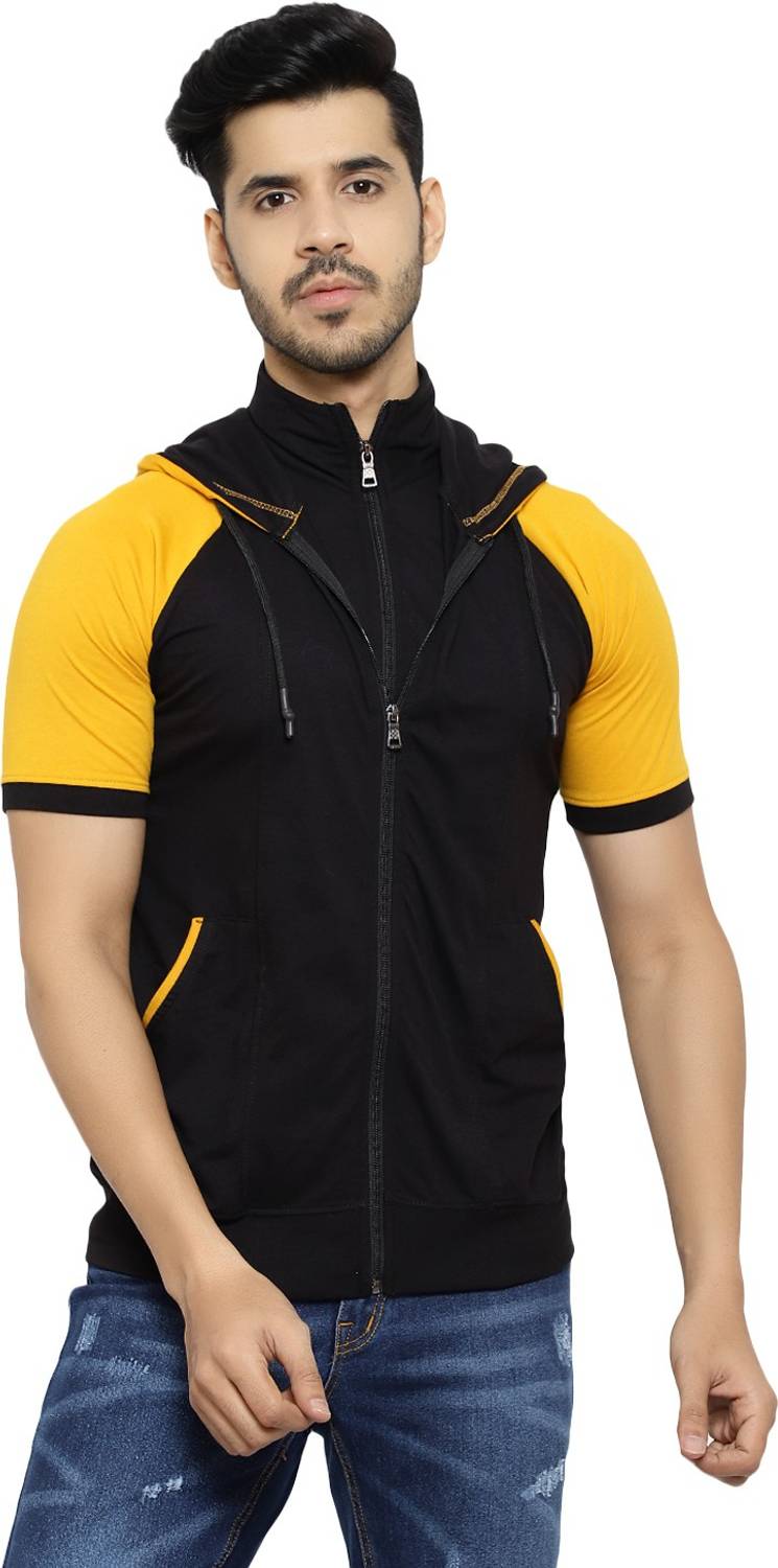 Black Collection Men Colorblock Hooded Neck Cotton Blend Gold, Bl