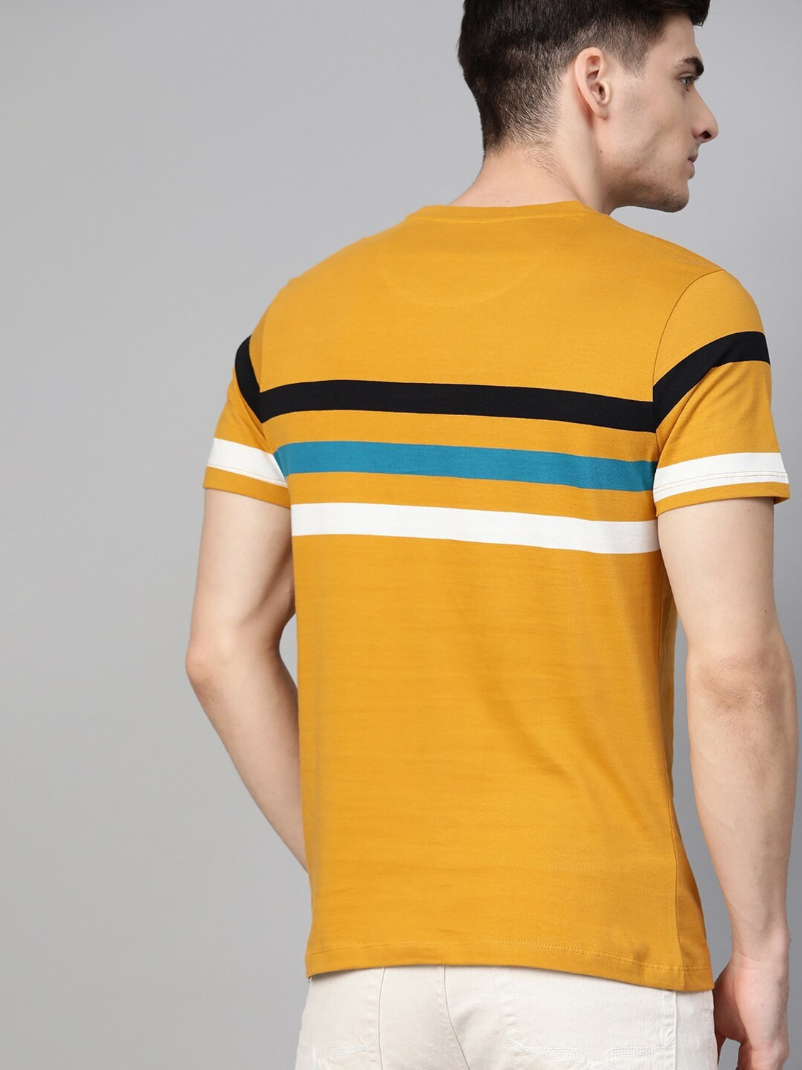 Image of Roadster Colorblock Men Round Neck Yellow T-Shirt
