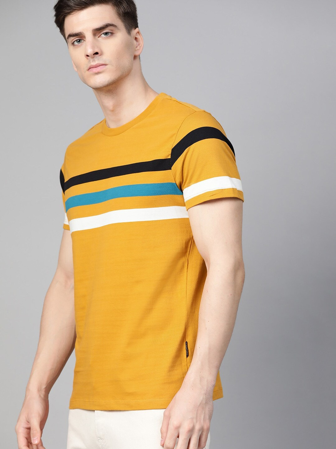 Image of Roadster Colorblock Men Round Neck Yellow T-Shirt