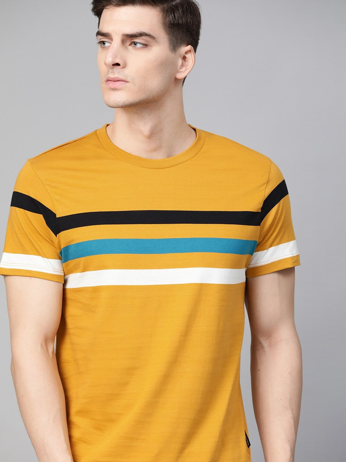 Image of Roadster Colorblock Men Round Neck Yellow T-Shirt