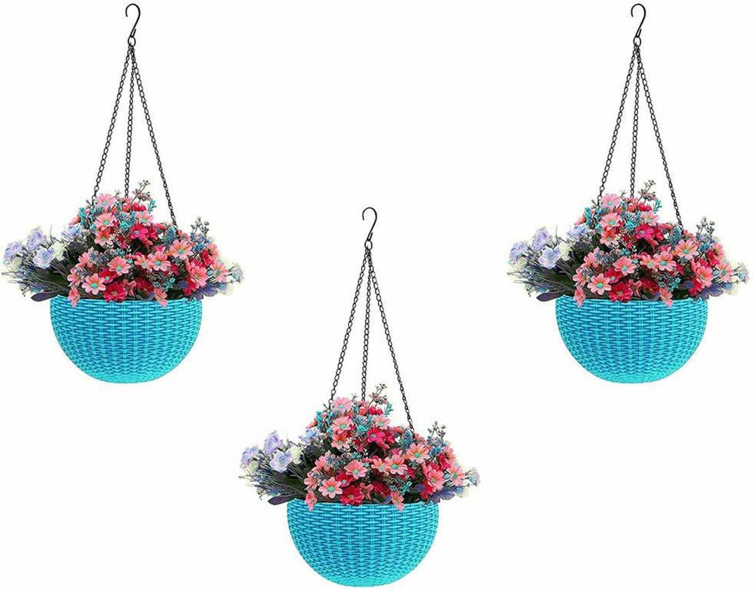 Abasr 8inch SkyBlue Round Rattan Woven Plastic Flower Hanging Planter/Beautiful Round Gamla Pot/Flower Hanging Pot for Garden Balcony - 8inch_SkyBlue Pack of 3 Plant Container Set