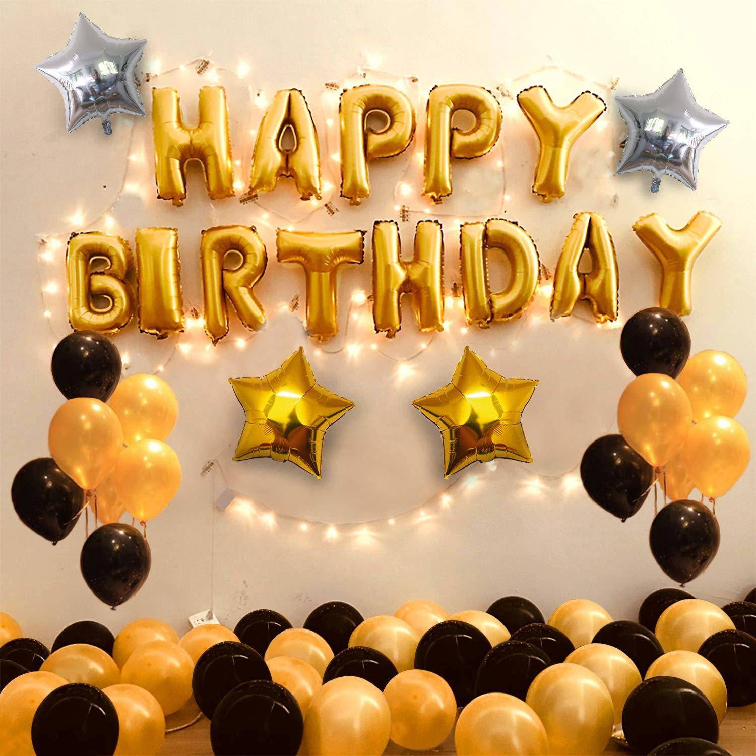 ACOME Solid Birthday Decoration Items Kit- 35Pcs For Happy bday Decorative Combo set for Kids, Husband, Wife, Girls, Boys With Golden Black Helium Alphabet Foil Balloons,Metallic Baloon,Star Ballon Balloon