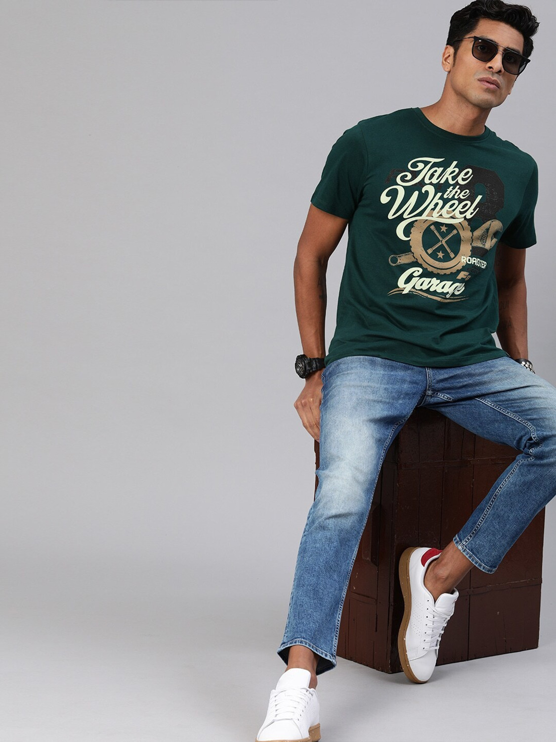 Image of Roadster Printed Men Round Neck Green T-Shirt