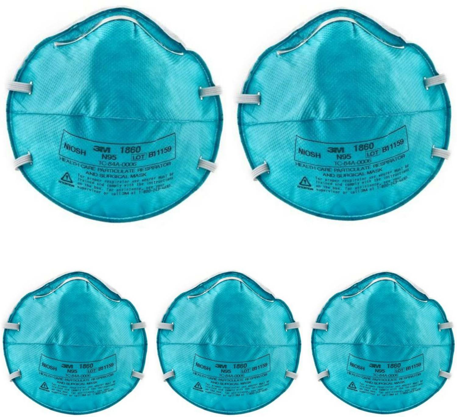 3M (Pack of 5) Health Care Particulate Respirator and Surgical Mask 1860, N95 120 EA/Case