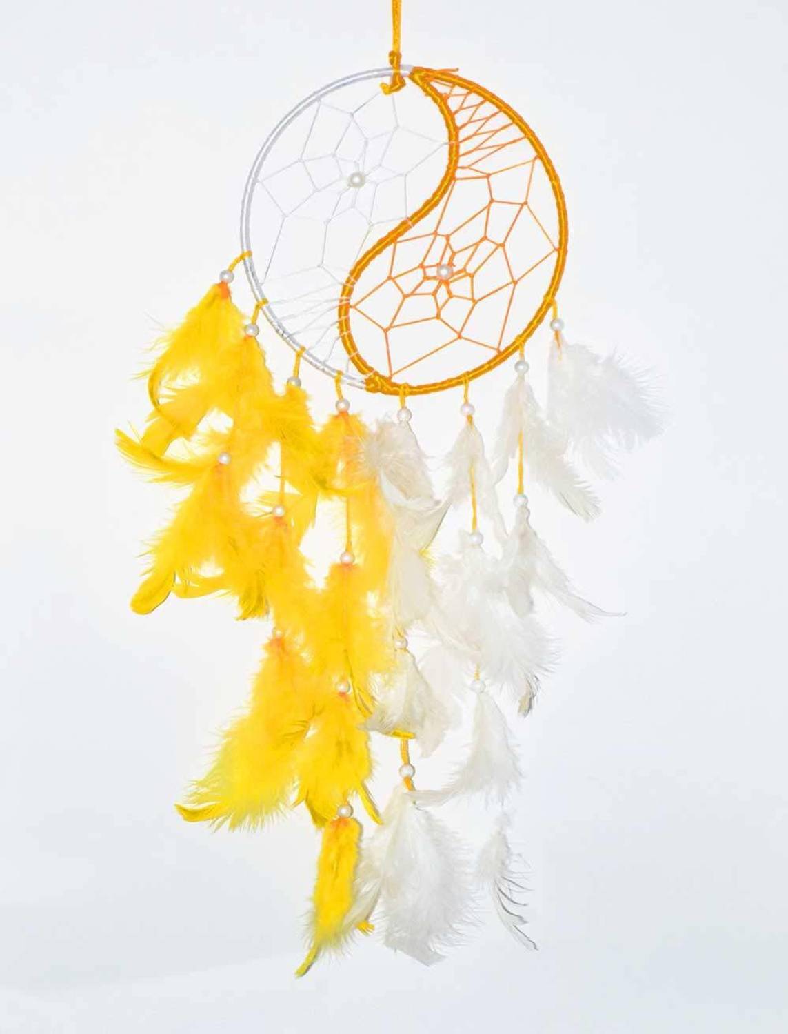 ARTBUG Yin Yang Yellow and White Dream Catcher Wall Hanging for Positive Energy and Protection (Big 6 Inch) for Home/Office/Shop/Rooms Decorative Showpiece  -  40 cm