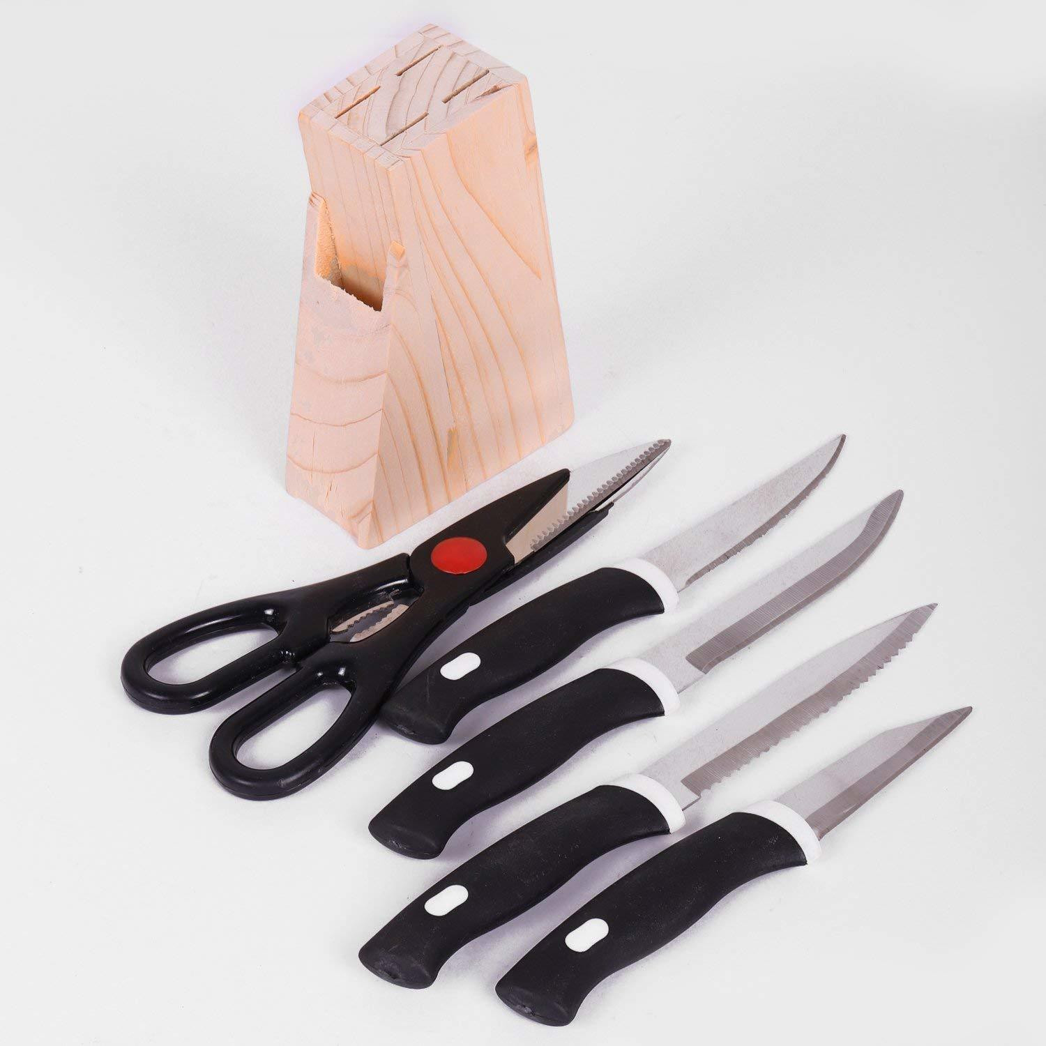 Image of DEAGAN 6 Pc Wood, Steel, Bamboo Knife Set Knife Set with Wooden Stand Stainless Steel Plastic Cutlery Knife