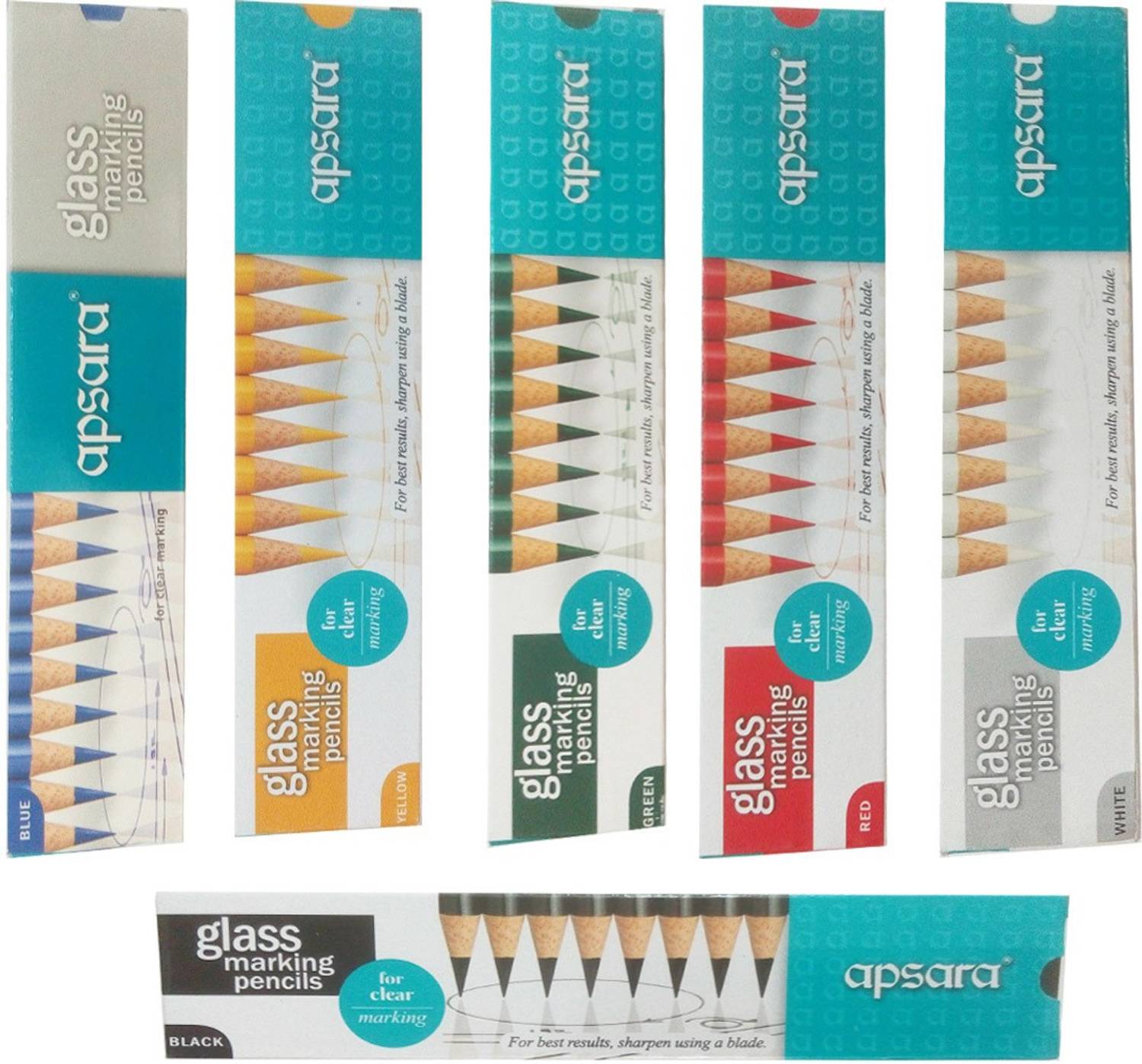 APSARA EACH COMBO PACK CONTAINS - 10 GLASS MARKING PENCILS (RED) + 10 GLASS MARKING PENCILS (BLUE) + 10 GLASS MARKING PENCILS (BLACK)+10 GLASS MARKING PENCILS (YELLOW ) +10 GLASS MARKING PENCILS (GREEN) +10 GLASS MARKING PENCILS (WHITE) ROUND Shaped Color Pencils