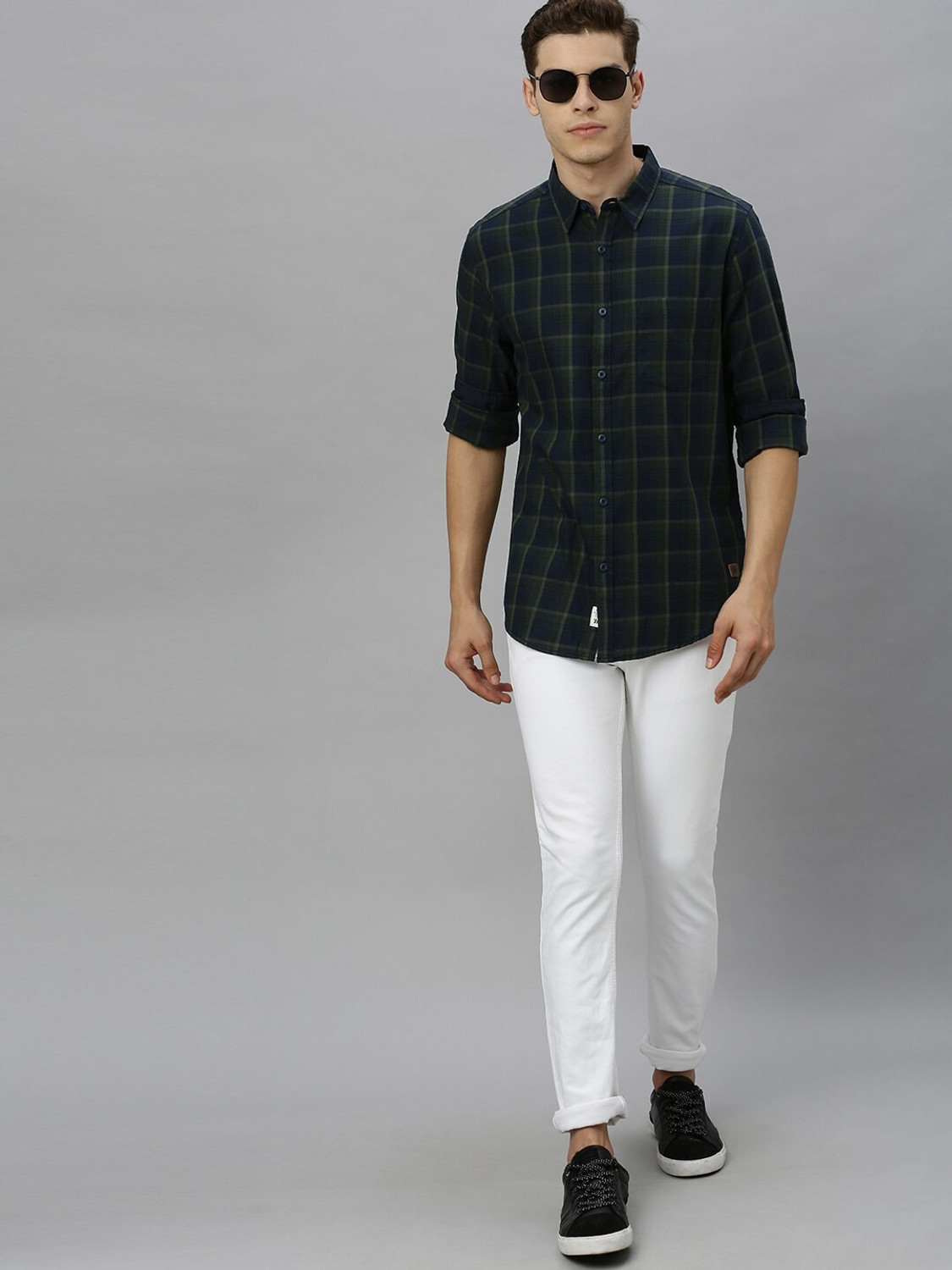 Image of Roadster Men Checkered Casual Dark Blue Shirt
