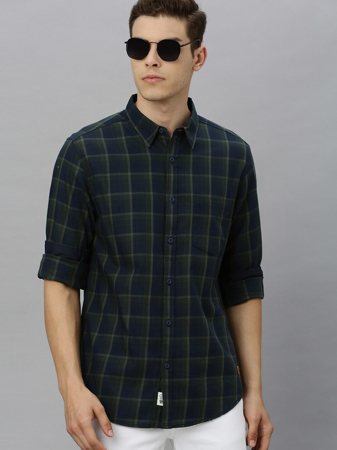 Image of Roadster Men Checkered Casual Dark Blue Shirt