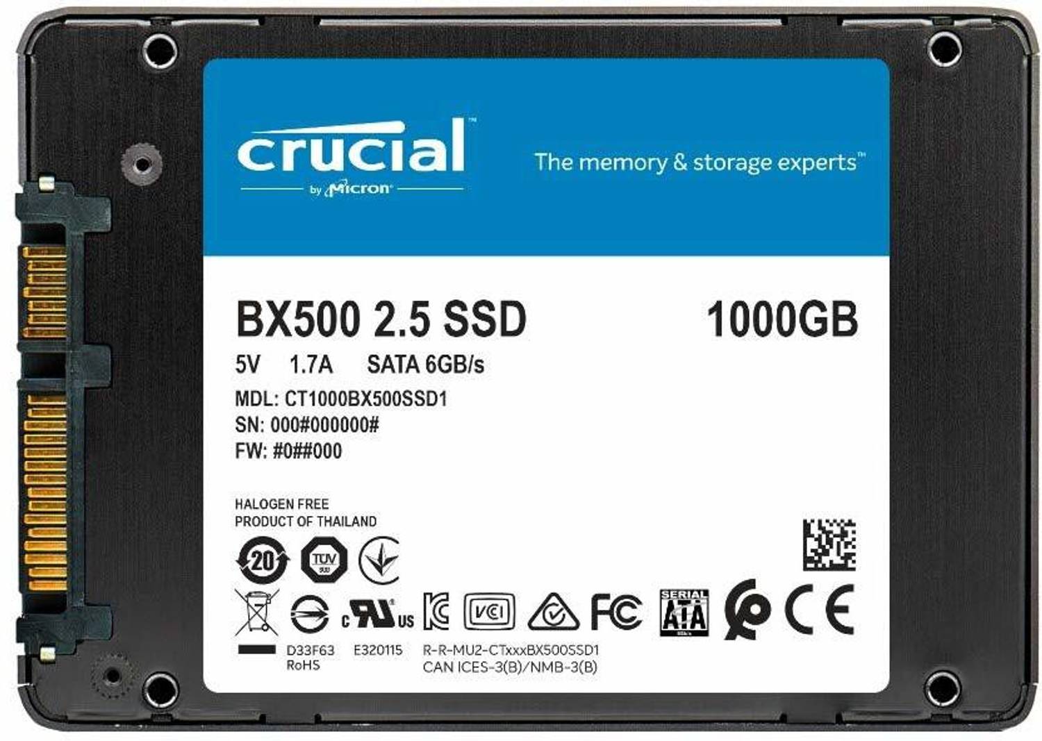 Crucial BX500 1 TB Desktop, Laptop Black SATA Internal Solid State